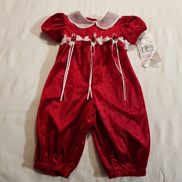 Rare Editions girls size 9 months romper red velvety, vintage style holiday wear - Picture 1 of 7